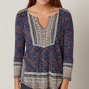 🍀Lucky Brand Boho Split Neck Floral Print Women's Top - Blue and Red | Size M